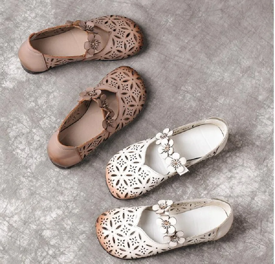 

2019 New style flat comfortable Genuine Leather Summer Shoes breathable Hollow Out Elegant Loafers Shoes vintage flowers soft so