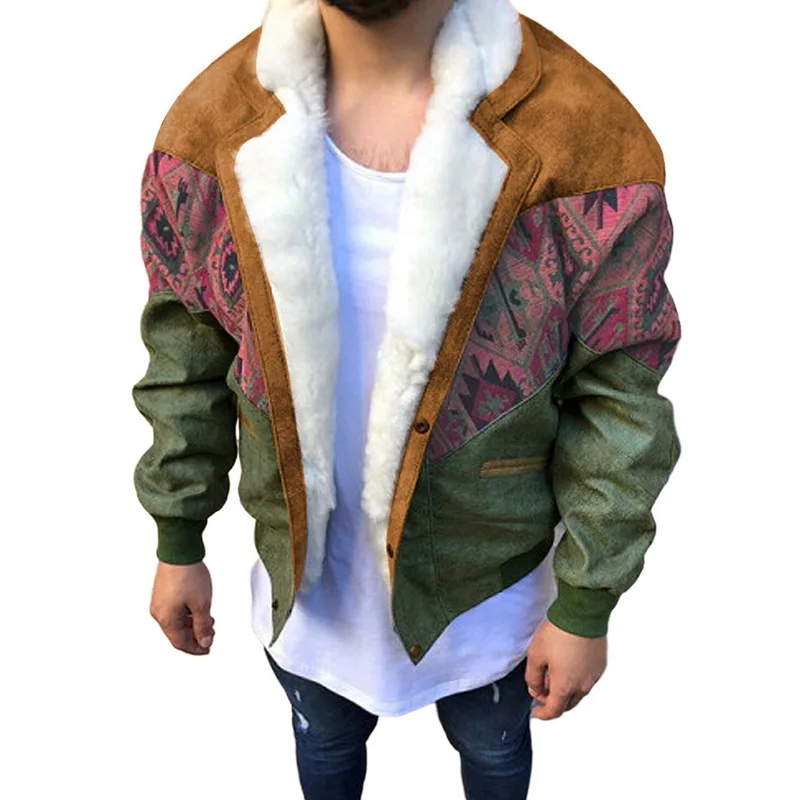 

Men's Suede Stitching Fleece Fur Coat Brown Green Color Block Lapel Long Sleeve Fleece Buttons Outdoor Casual Coats Jackets 2020