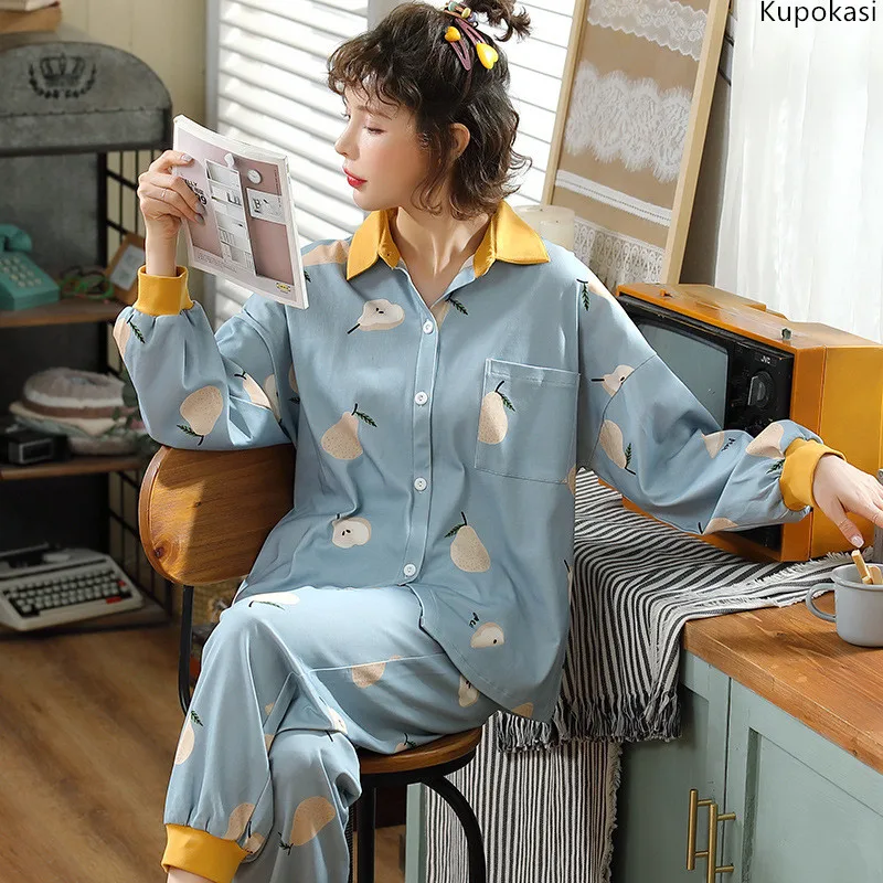 

Kupokasi Avocado Printed Women's Pajamas Sets Long Sleeve Turn Down Collar Shirt Pants Homewear Cute Patchwork Sleepwear