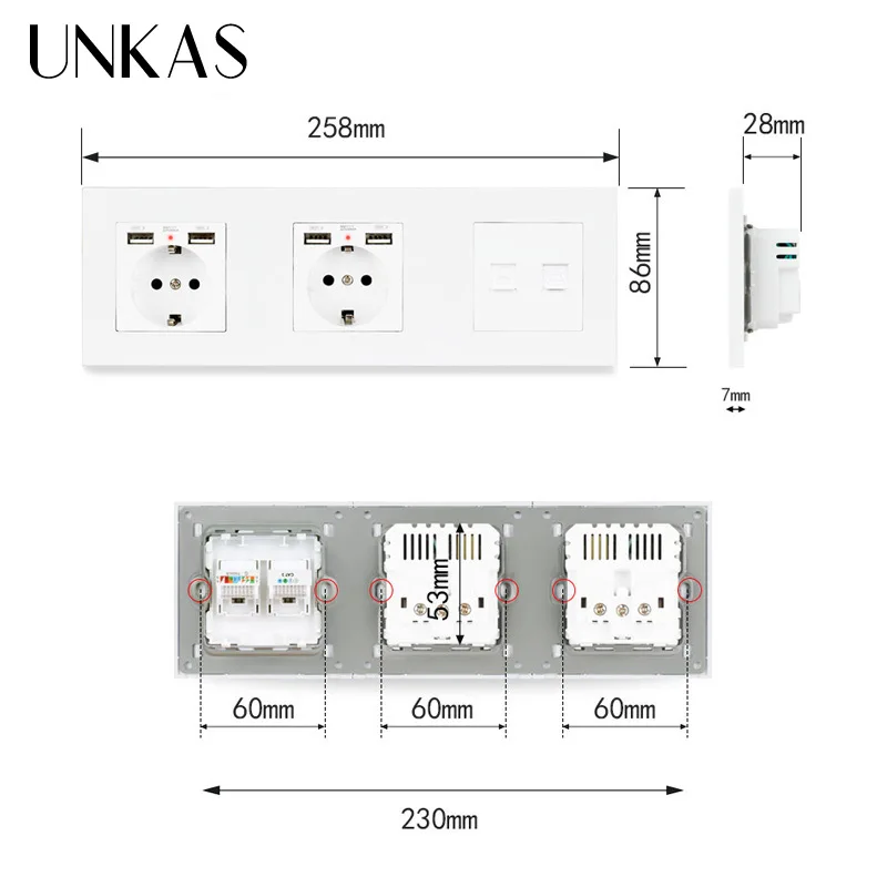 Пластиковая панель UNKAS двойная розетка европейского стандарта 4 USB порта для