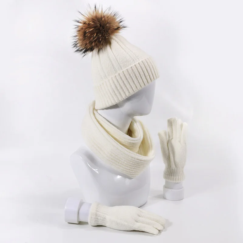 Модный шарф для девочки, вязаная шапка с помпоном, перчатки, набор из трех уличных теплых зимних и осенних теплых шапка шарф перчатки - Цвет: E