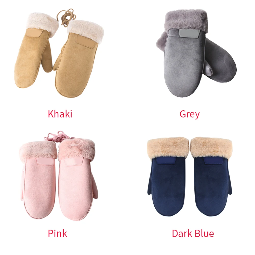 Women Sports Soft PU Leather Cycling Mittens Riding Fashion Warm Solid Plus Velvet Winter Outdoor Windproof With String