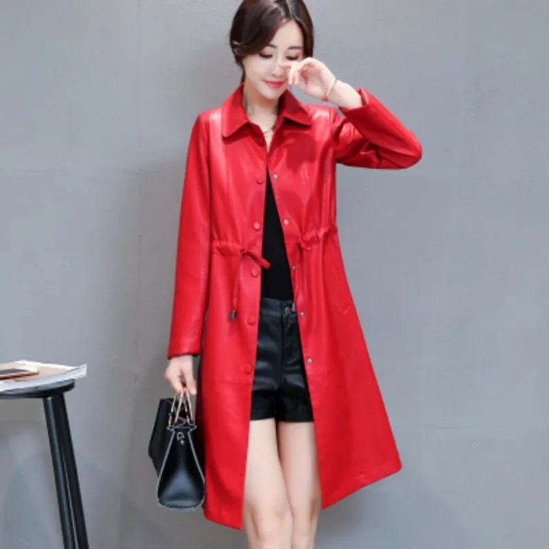 Elegant Womens Medium Length Faux Leather Trench Coats Single Breasted Adjustable Waist Slim Fit Pluse Size Female Jackets - Цвет: red