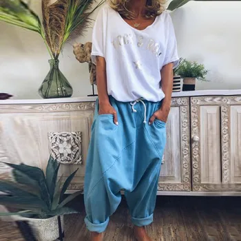

Women harem pants women шаровары брюки женские wide leg sweatpants Pockets Solid Cotton-Blend Vintage Pants #35