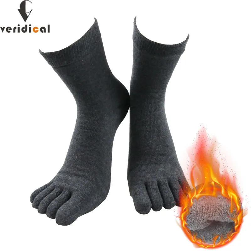 Veridical Winter Terry Five Finger Socks With Toes Thermal Warm Cotton Solid Short Business Breathable Soft Elastic Men Socks 5 pairs soft combed cotton socks with toes big stripes patchwork five finger breathable deodorant toe socks men women fashions