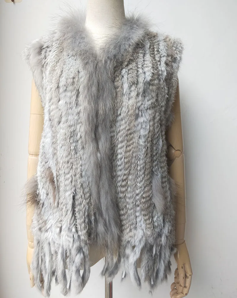 bubble coat women Natural Real Rabbit Fur Knitted Vest With Tassel Genuine Fur Warm Sleeveless Women Fur Gilet With Real Raccoon Fur Trimming long down coat