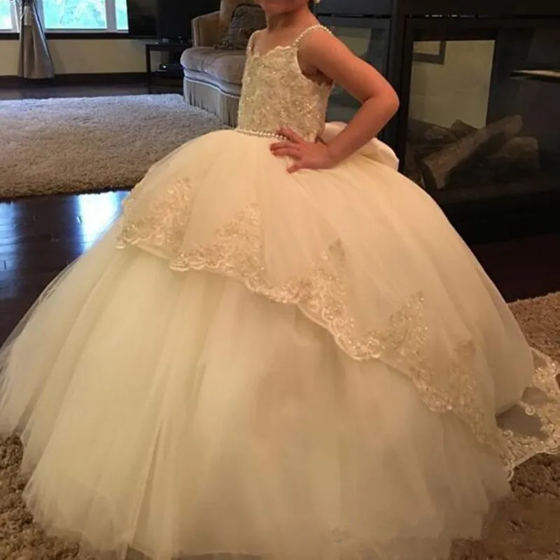 09-fl  Arabic Flower Girl Dresses for wedding Spaghetti sequins beading back big bow Ball Gowns Vintage Beautiful Girl First Communion (1)