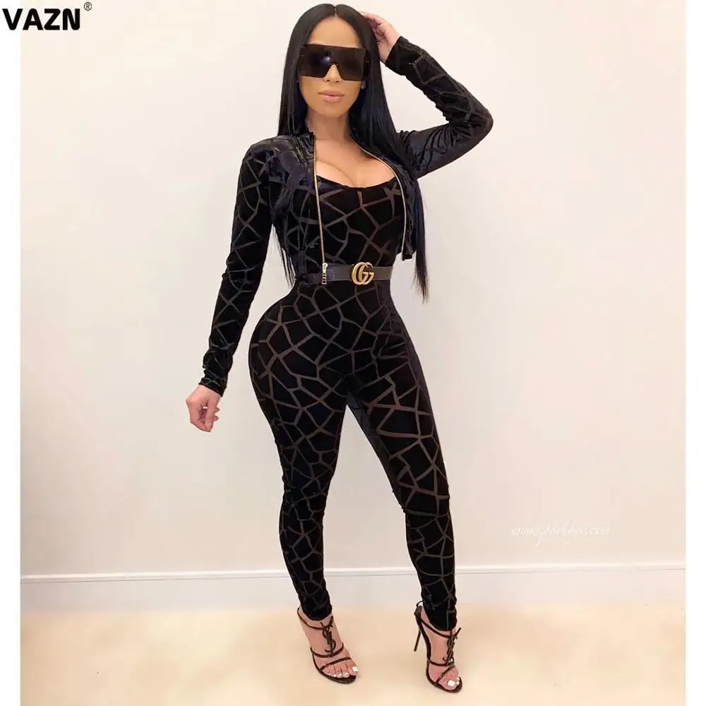 VAZN Top design 2020 spring sexy lady black print long set full sleeve zipper short coats jumpsuit high street |