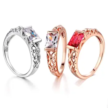 

Rose Gold Rectangular Red Transparent Crystal Zircon Ring Fashion Simple Ladies Jewelry