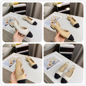 

2020 Luxury brands High quality women's sheepskin leather Flats sandals Classic double color pearl button decoration size35-41