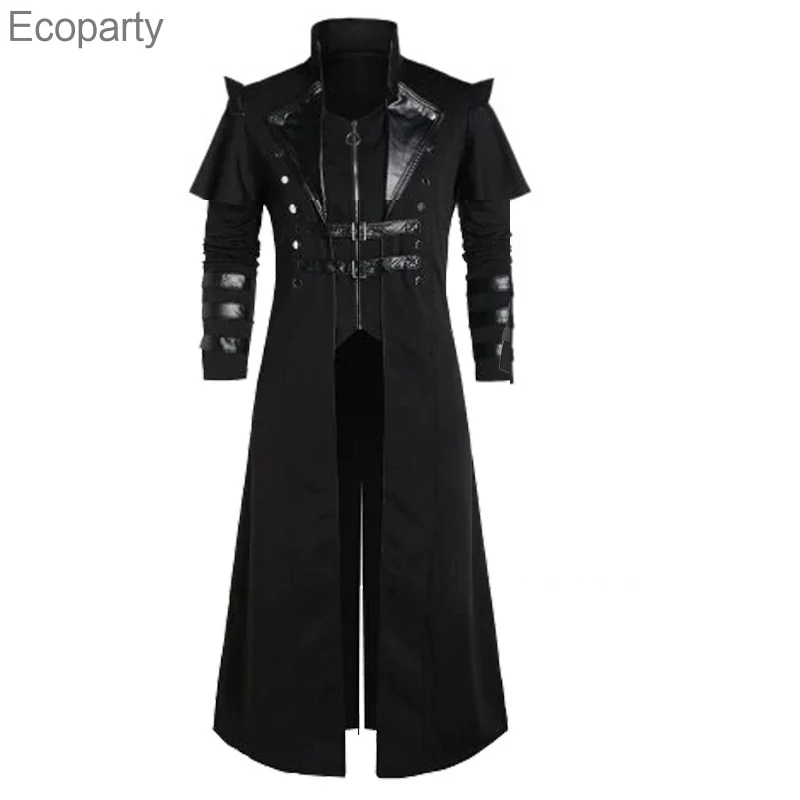 

Halloween Medieval Steampunk Elves Pirate Costumes For Adult Black Vintage Long Split Jacket Men Fashion Gothic Armor Coats New