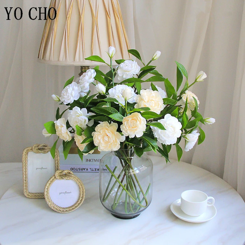 Yo Cho Artificial Flower Silk Gardenia Diy Flower Arrangement Fake Camellia Rose White Beige