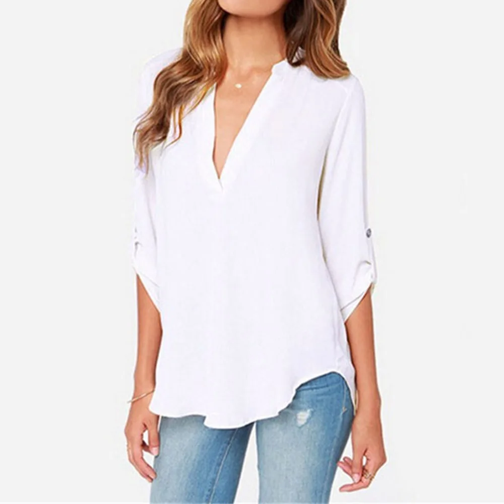 Женская блузка с глубоким v-образным вырезом складная Свободная шифоновая