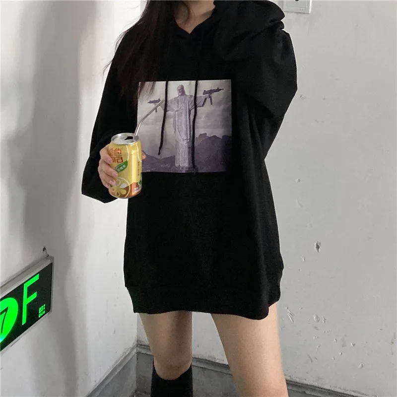 Lychee Harajuku, повседневные свободные женские толстовки, пуловер с изображением винтовки Иисуса, Женская толстовка с капюшоном, топ, осенние женские толстовки с капюшоном, топы