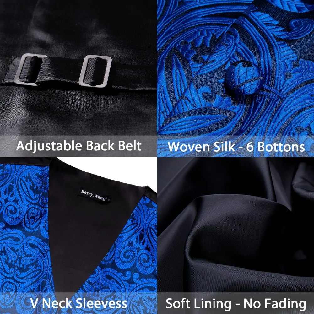 Designer Mens Roral Blue Paisley Jacquard Folral Silk Waistcoat Vests Handkerchief Tie Suit Vest Pocket Square Set Barry.Wang casual blazer for men