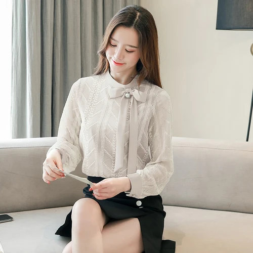 Новые осенние кружевные шифоновые тонкие женские рубашки Blusas Mujer De Moda, однотонные милые женские блузки с длинным рукавом и бантом размера плюс 6646 50 - Цвет: Бежевый