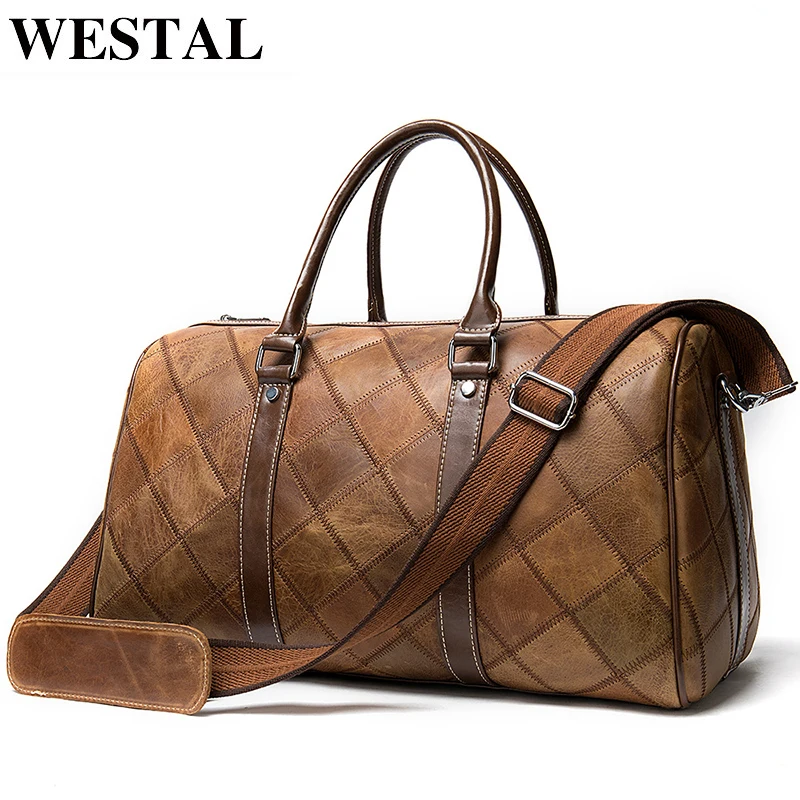 Travel Tote Luggage-Bags WESTAL Genuine-Leather Suitcase Carry On Mens And