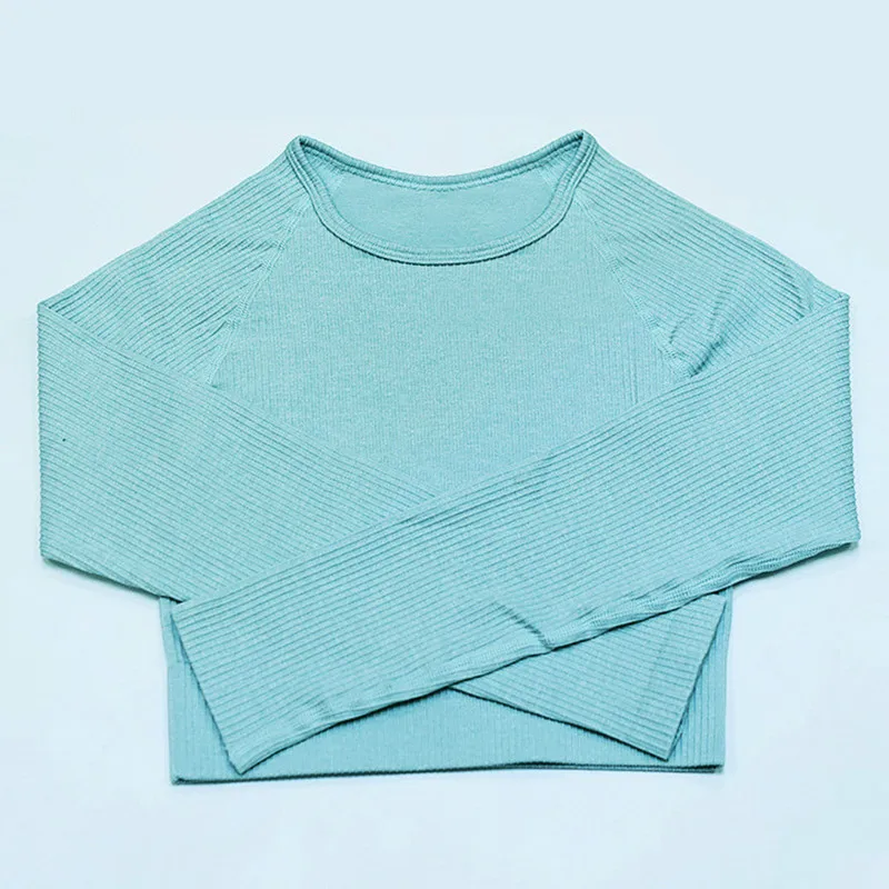 Цветные Сексуальные ребристые бесшовные топы для занятий йогой и фитнесом, женские облегающие однотонные футболки с длинными рукавами - Цвет: Baby Blue