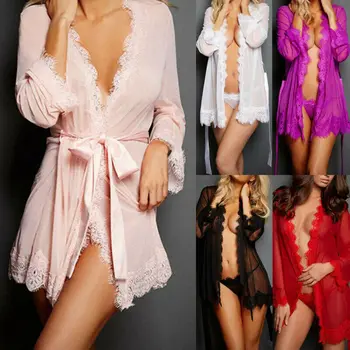 

Sexy Pajamas Underwear Women Eyelashes Lace Perspective Temptation Irregular Strap Babydoll Nightgown