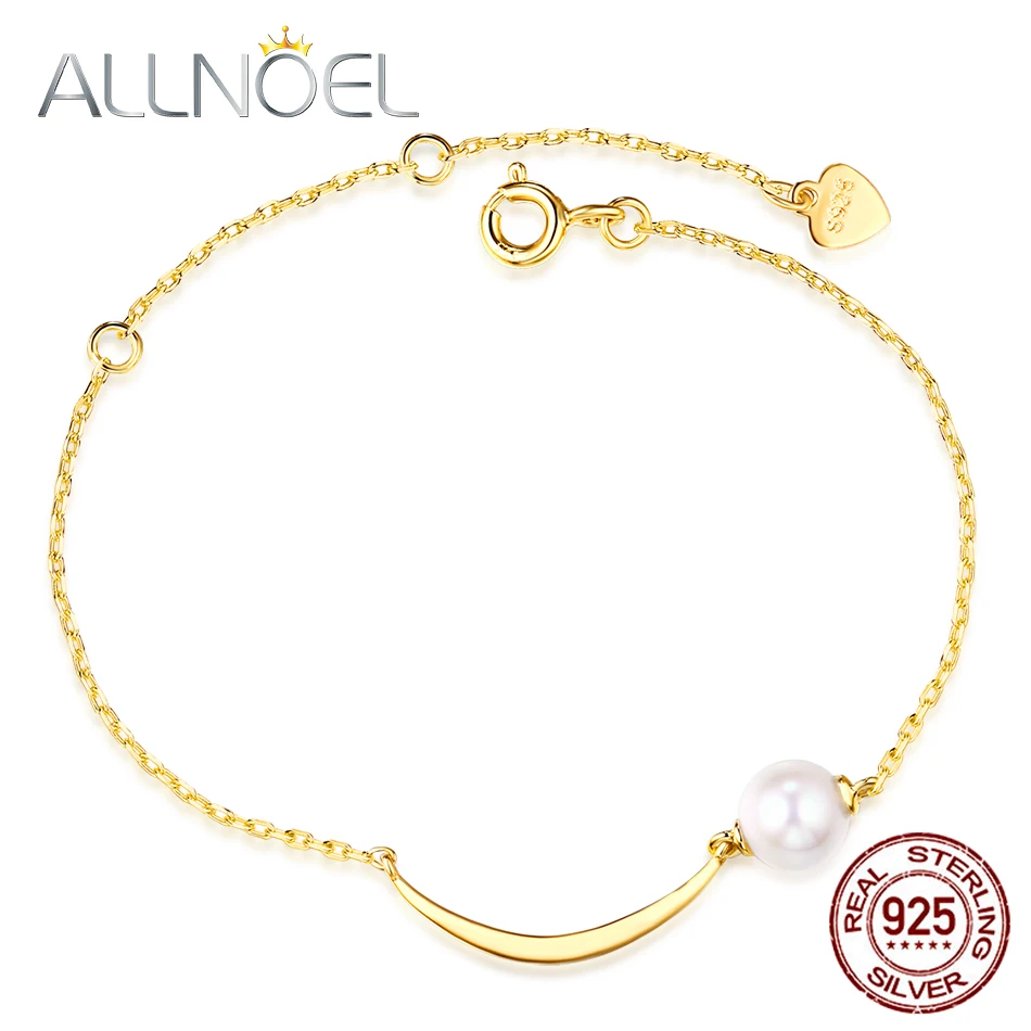 

ALLNOEL Real 925 Sterling Silver Delicate Moon Shape With Glossy Pearls Gold Color Bracelets Jewelry Gift For Women Fine Jewelry