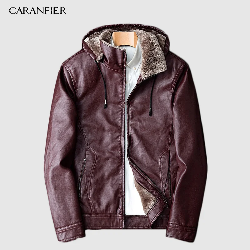 Red CARANFIER зимние мужские кожаные куртки теплые пальто Плюс Толстая Верхняя одежда Байкерская мотоциклетная Мужская классическая Куртка с капюшоном из искусственной кожи ветрозащитная - Цвет: Red