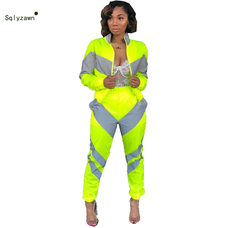 

Women's Reflective Stripe Neon Green Orange Two Piece Set Fall Long Sleeve Jacket Top and Pants Streetwear Glitter Outfits Suit