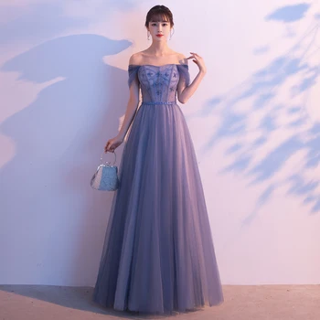 

Blue Elegant Female Slash Neck Formal Party Dress Sexy Off Shoulder Qipao Beads Long Mesh Cheongsam Vestidso Ball Gown Dress