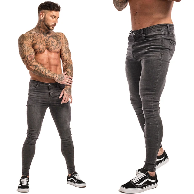 GINGTTO Jeans Men Elastic Waist Skinny Jeans Men 2020 Stretch Ripped Pants Streetwear Mens Denim Jeans Blue grey zm09