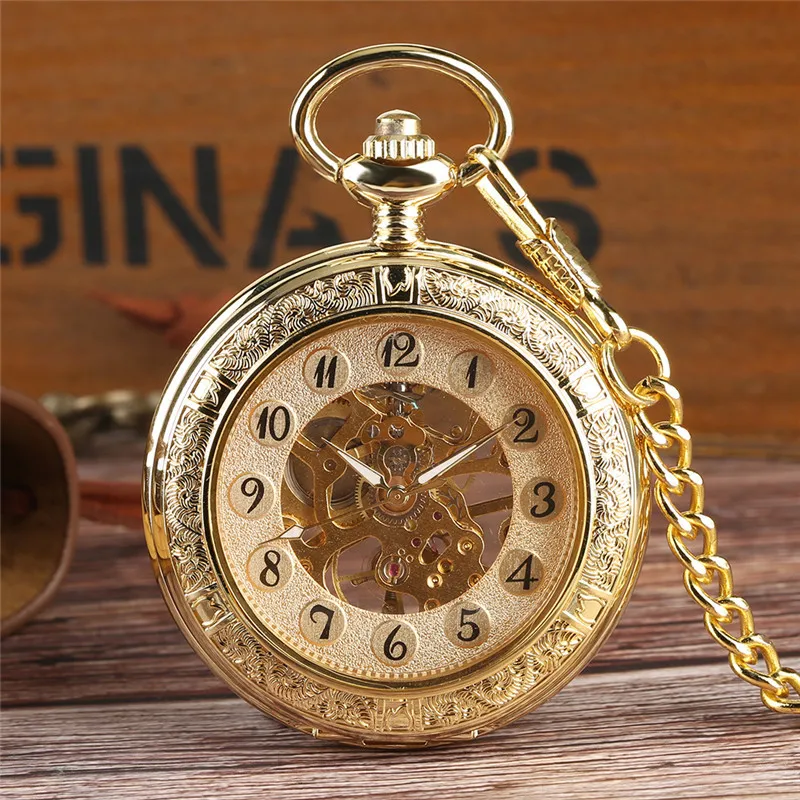 Luxury Transparent Hunter Hand-Wind Mechanical Pocket Watch for Men Women Fob Pendant Clock with Chain Wedding Gift Bridegroom