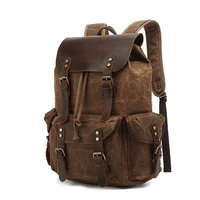 Casual Oil Wax Canvas Backpacks Vintage Waterproof Large Capacity Travel Bag Women Mochila Leather Laptop Drawstring Rucksack 3