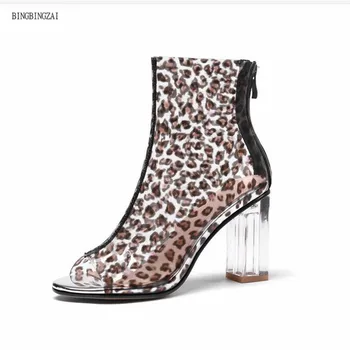 

New style Women's boots Leopard print Short boots Fashion boots High quality Peep Toe Cool boots 8cm Crystal Thick heel 3-13 14