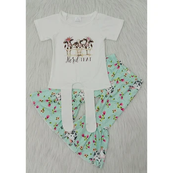 

Baby girls fashion outfits heifer print tie bell bottom pants clothes children clothing kids boutique summer top pants matching