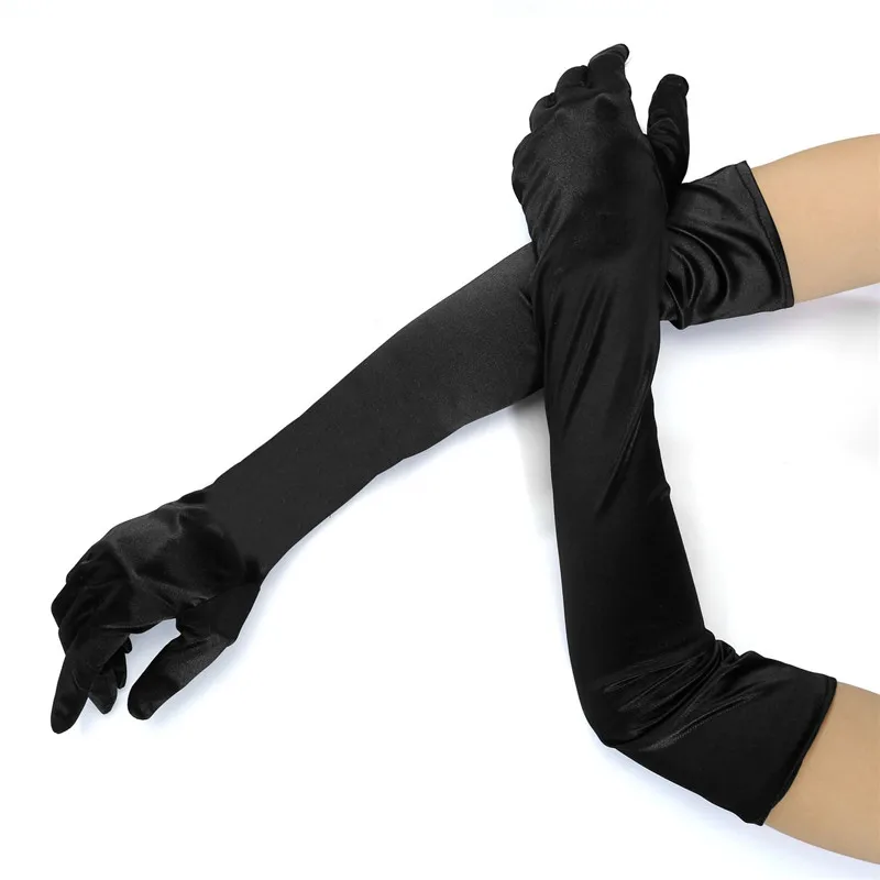 Black or White Satin Stretch Gloves Elbow Bridal Prom Wedding Formal Party OS US 