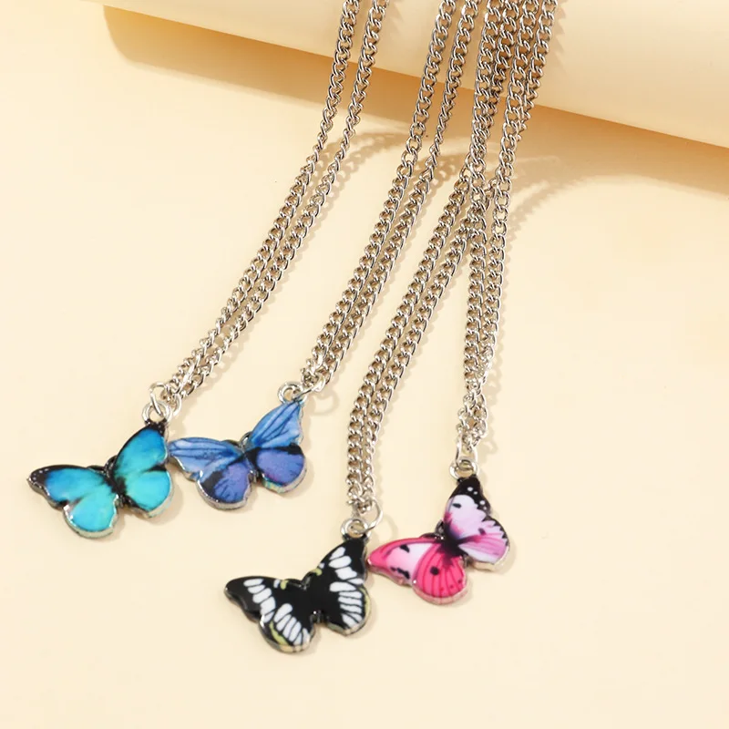 

2020 Spring Summer Girls Necklaces Sweet Colorful Butterfly Neck Clavicle Chain White Gold Choker Necklace Jewelry For Womens