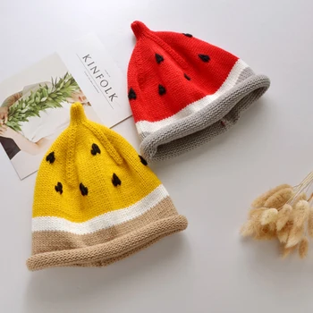 

Autumn And Winter Lovely Wool Hat Keep Warm Set Head Cap Children Watermelon Hats Baby Manual Weave Knitting Hat Fruits Hat