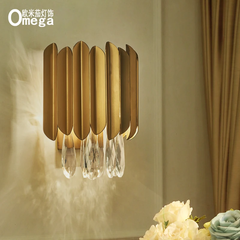 

Postmodern light luxury thick stainless steel crystal wall lamp bedside bedroom living room wall aisle model wall lamp