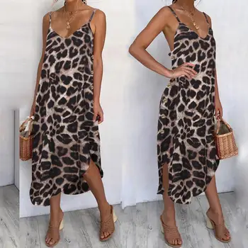 

S-5XL Celmia Bohemian Summer Dress 2020 Women Sexy Leopard Print Beach Sundress Sleeveless Spaghetti Straps Midi Vestidos Robe