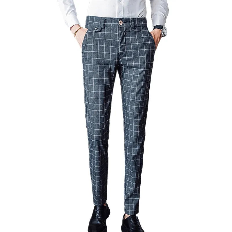 Gray Striped Plaid Pant Mens Business Casual Trousers Large Size 28 38