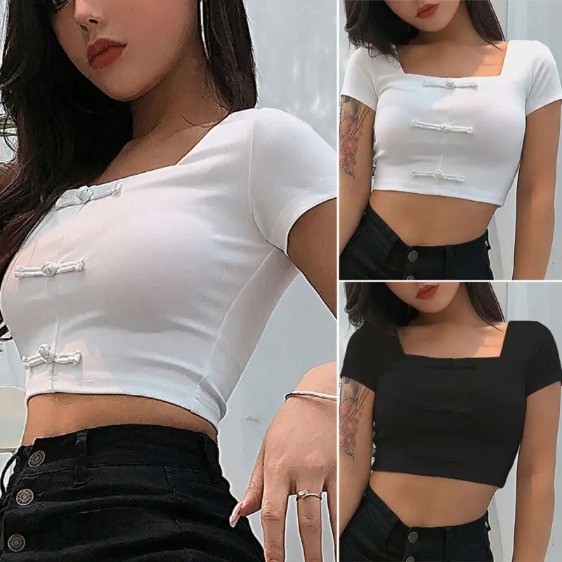 Women Summer Low-cut Plain Square Neck Basic Short Sleeve Ladies Slim Fit Tight Crop Top T-Shirt Cropped Belly Tee | Женская одежда