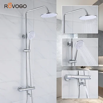

ROVOGO Thermostatic Shower System Mixer Faucet Sets Triple Function with 5 Functions Hand Shower and Tup Spout Chrome