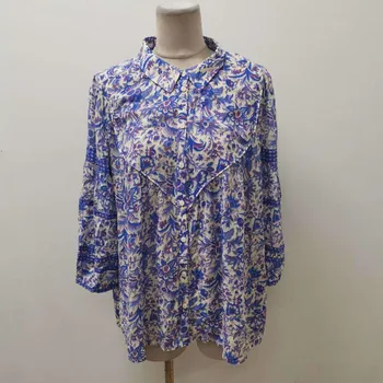 

Turn-down Collar Floral Shirt Women's Nine Quarter Sleeve Vintage Female Blouse Top