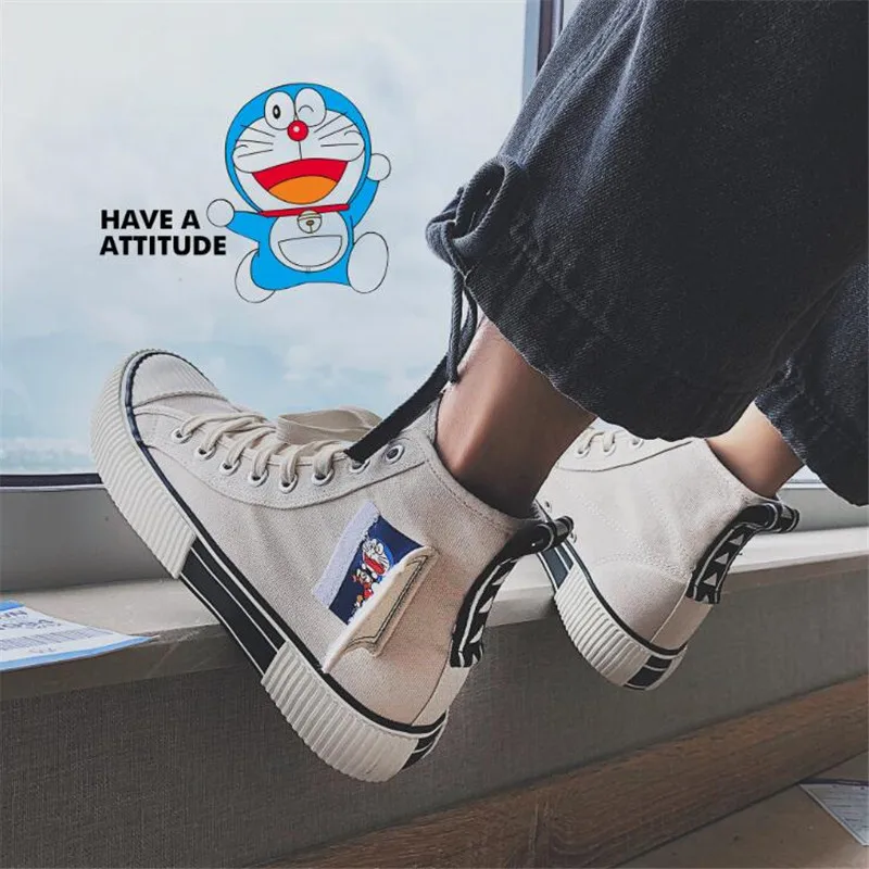 Doraemon White Anime Pikachu Pokemon Cartoon Plimsolls Cosplay Canvas Shoes Caricature Fashion Student Dunk High Black White Scrawl Board Shoes - Цвет: Doraemon White