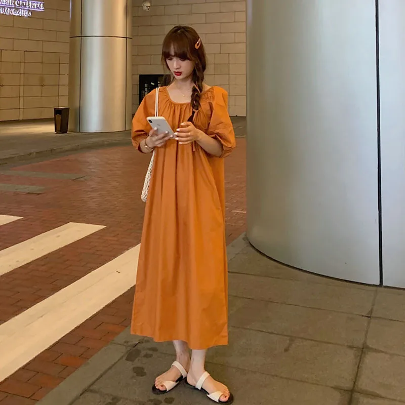 

One Piece 2020 Summer Bubble Sleeves Midi Dress Ladies Korean Fashion Dress Vintage High Waist Hepburn O Neck Orange Loose Dress