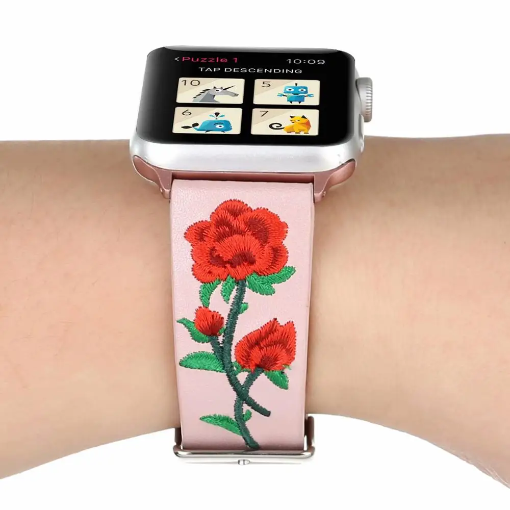 Кожаный ремешок для часов iWatch серии 5 4 3 2 1, браслет с 3D вышивкой розы, браслет для Apple Watch 38 мм 42 мм 40 мм 44 мм