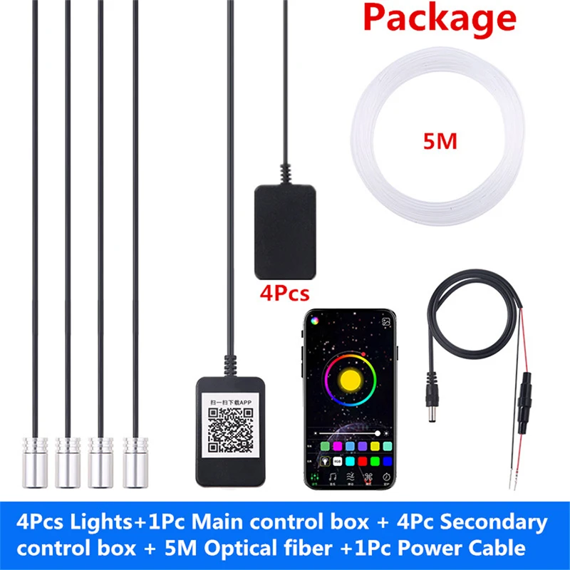 4Pcs Wireless Car Atmosphere Light Lamp APP Control 64 Colors DIY Soft Refit Optic Fiber Band