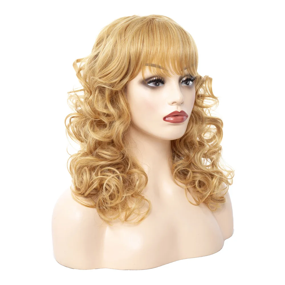 Golden air bangs curly hair synthetic wig Temperament woman long hair whole wigs High quality high temperature fiber material