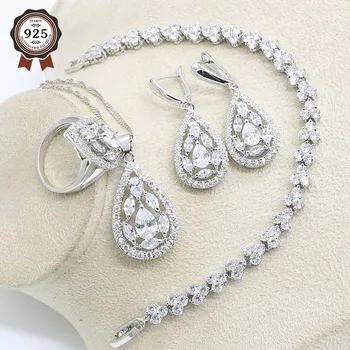 

White Zircon Wedding Jewelry Set for Women Silver Color Roma Bracelet Earrings Necklace Pendant Ring Birthday Gift