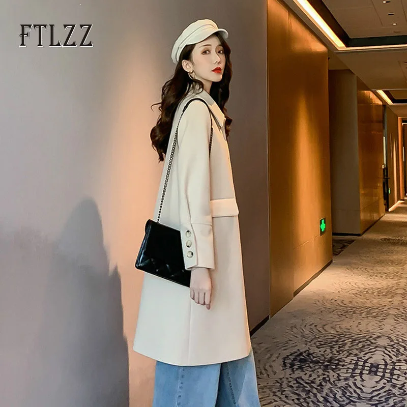 

Korean Style Women Medium Long Wool Coat Autumn Winter Fashion Turn Down Collar Pink Woolen Coats Woman Outerwear Casacos