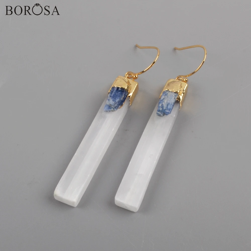 

BOROSA 3/5Pairs Gold Electroplated Selenite Quartz & Kyanite Bar Earrings Natural Gems Drop Earrings Jewelry for Women G1870