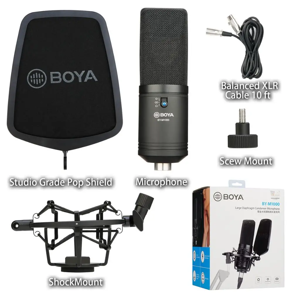 BOYA BY M800 M1000 Large Diaphragm Microphone Low-cut Filter Cardioid Condenser Mic for Studio Broadcast Live Vlog Video Mic